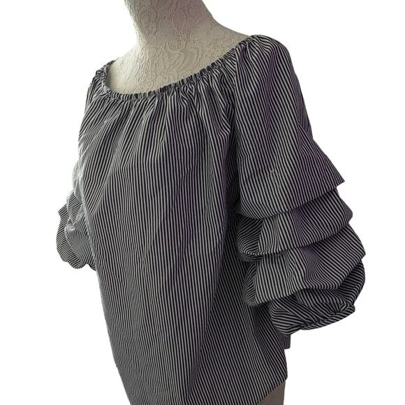 Kontrol contemporary striped blouse L puff sleeve black white off shoulder - Picture 6 of 8